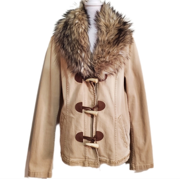 Ralph Lauren Jeans Co Y2k tan denim faux fur collar toggle jean jacket 16 - Picture 1 of 14